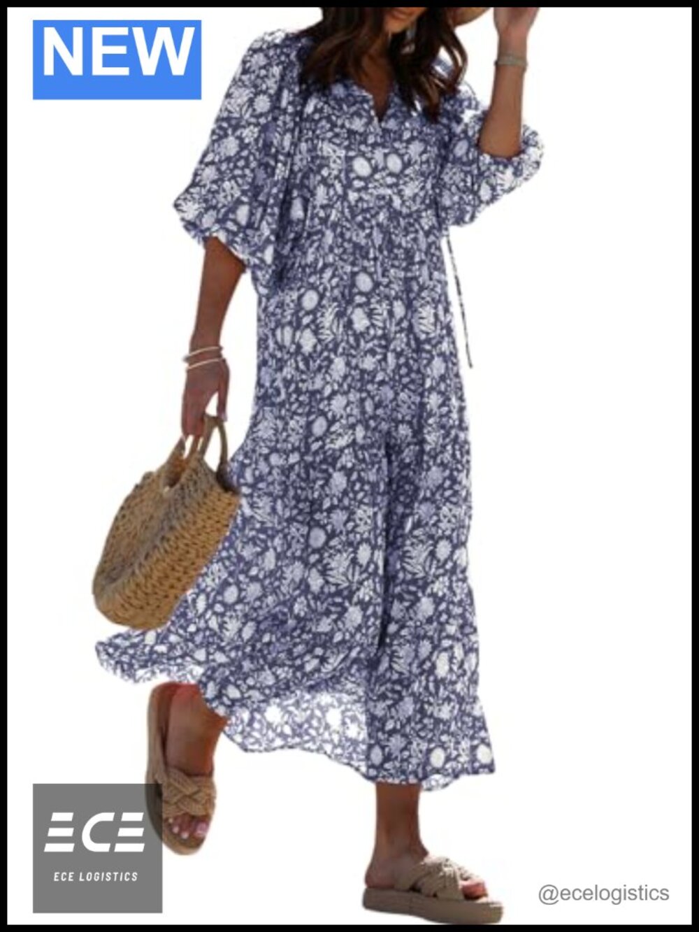 Womens Boho Maxi Dress V Neck Half Sleeve A Line Flowy Summer Party